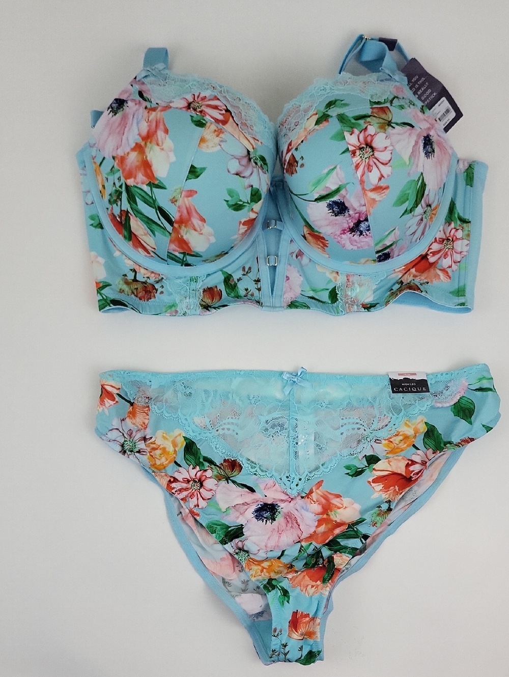 NWT Cacique Aqua Floral Lace Boost Balconette Bra and High Leg Set 40DDD & 14/16